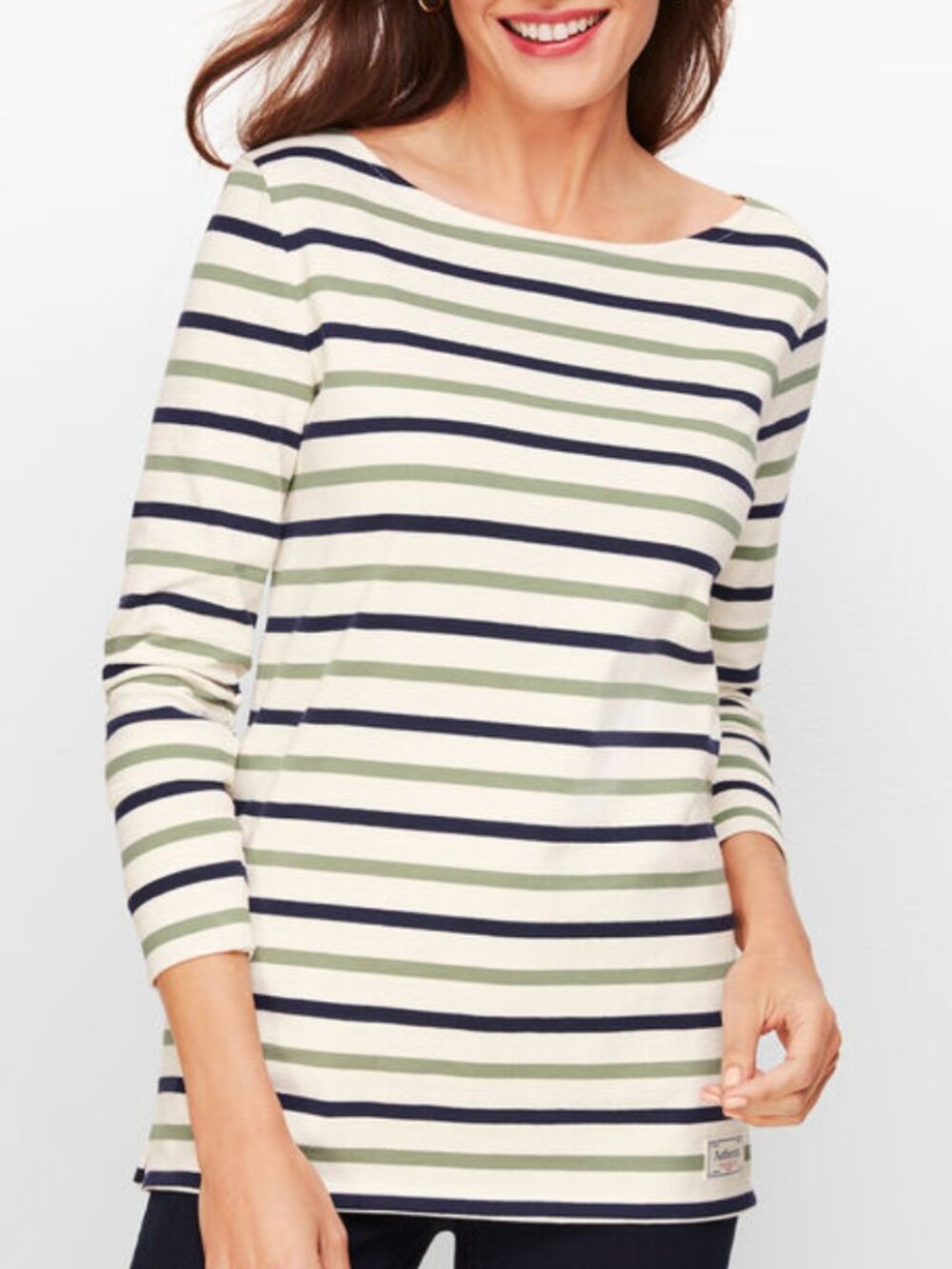 Talbots Authentic Striped Boatneck Cotton Top Olive Navy Green - Size M - Cotton